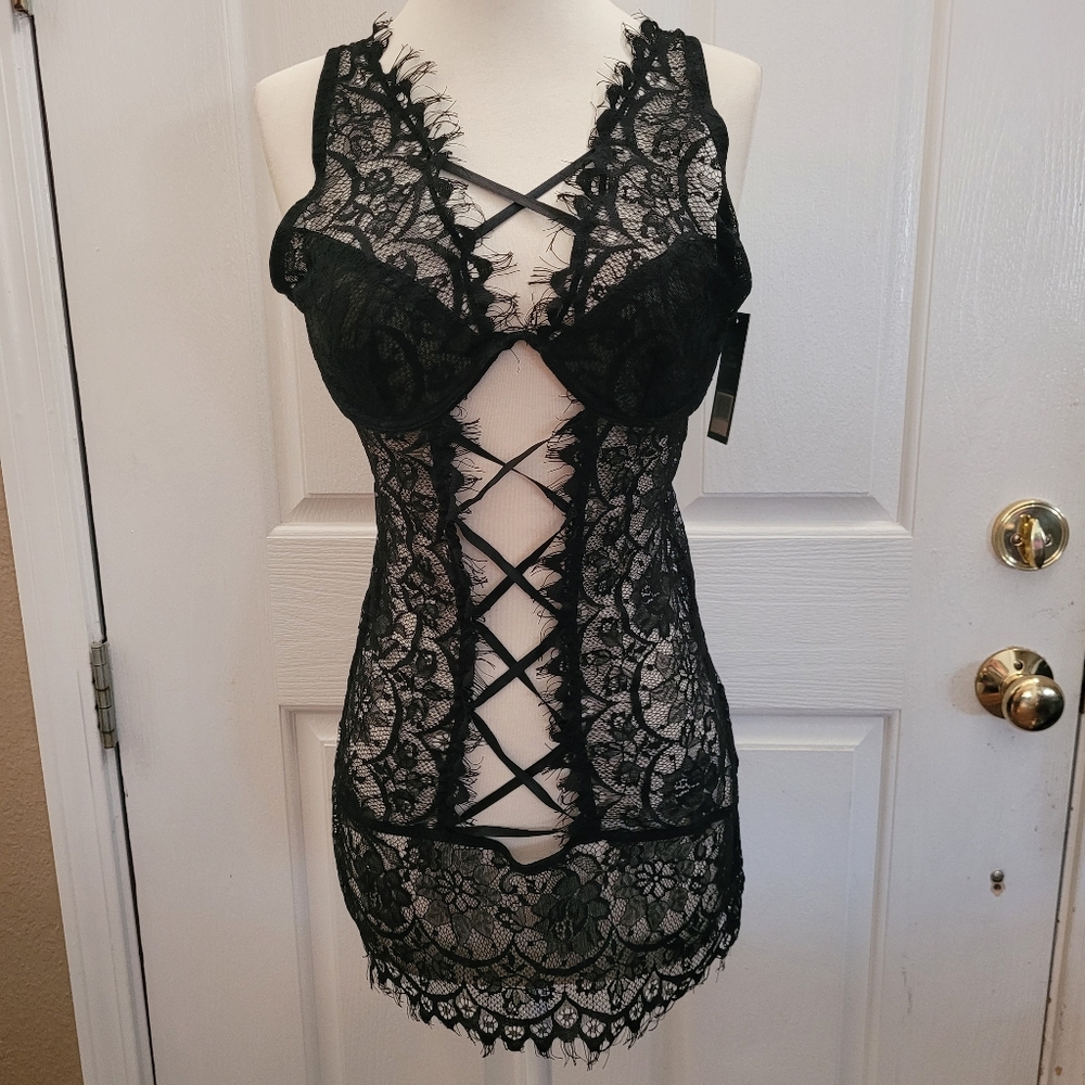 New Chemise Top black lace lingerie see through sexy lace up size size Large